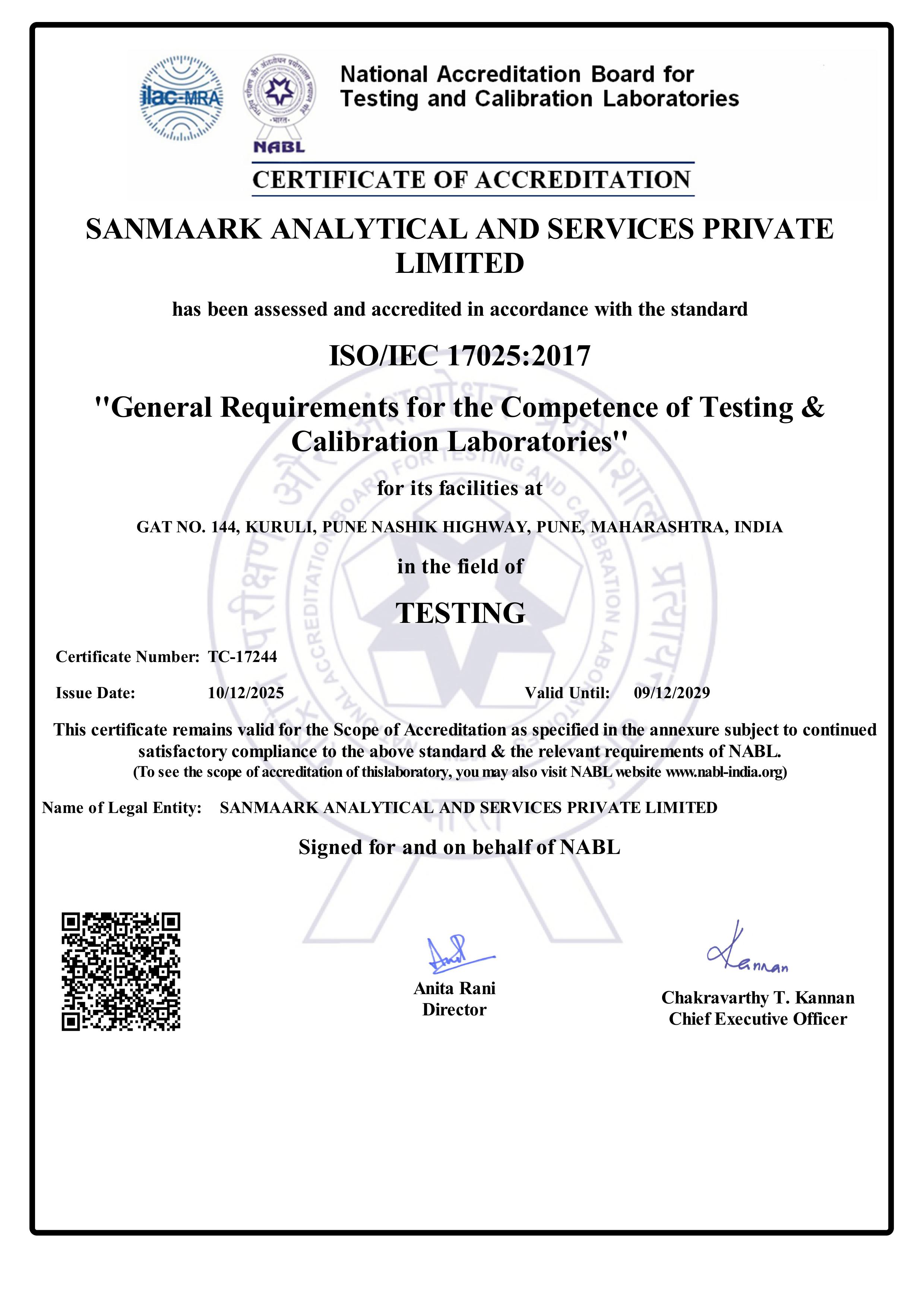 NABL ISO/IEC 17025:2017 Certificate